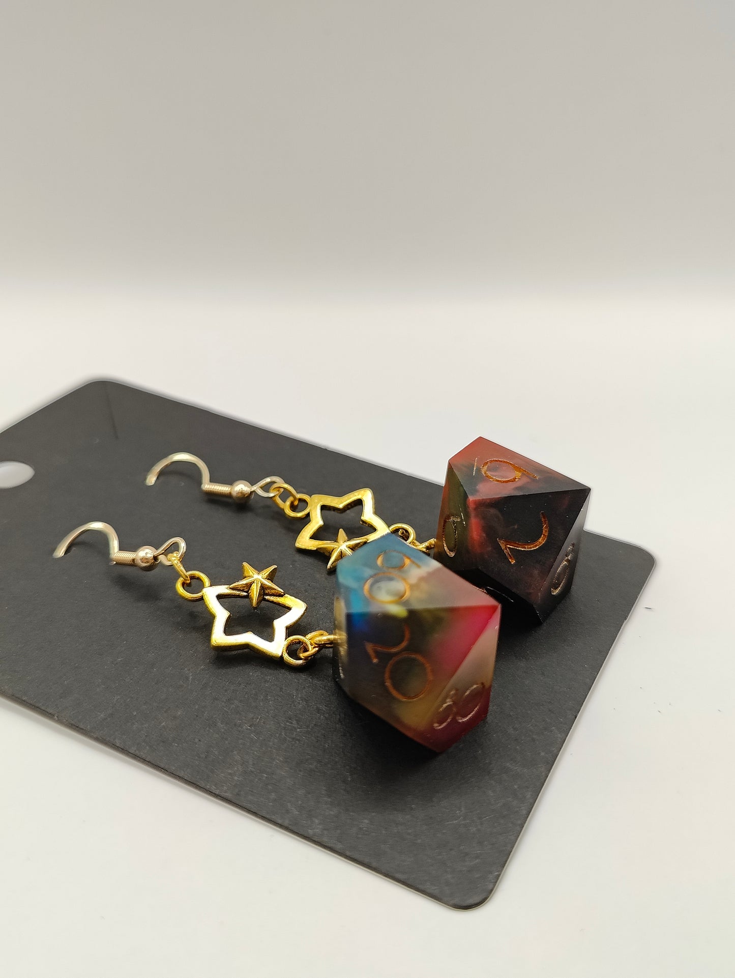 Handmade dangly D10/D% earrings: Rainbow prism matte finish