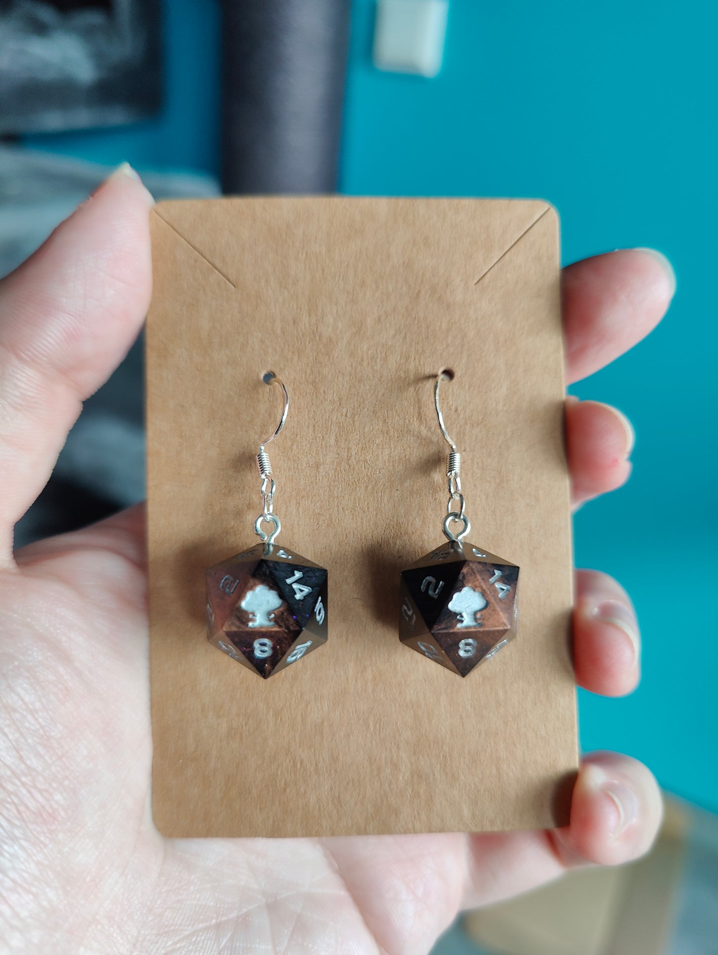 Handmade mini D20 earring: Copper death