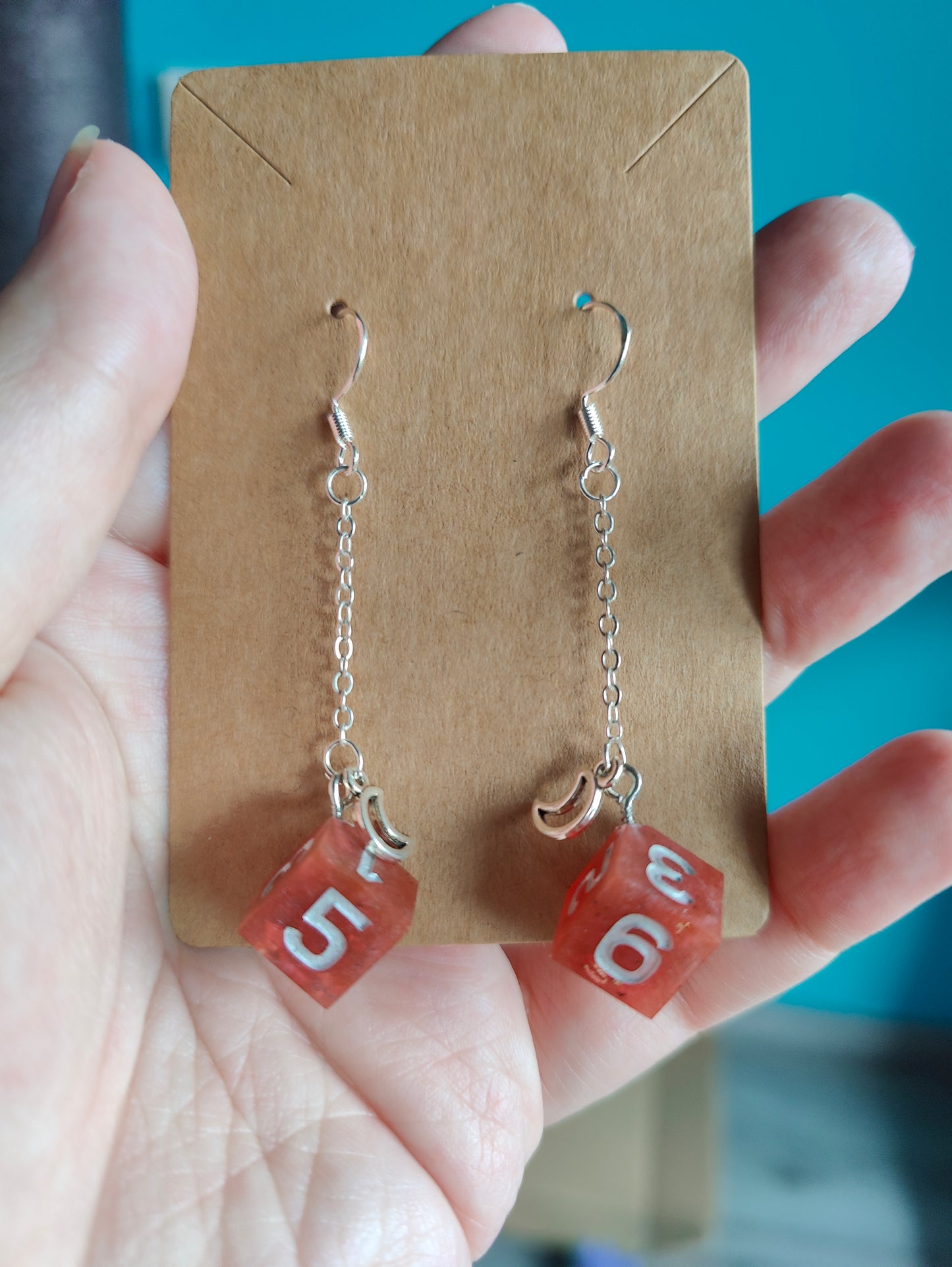 Handmade fancy mini D6 earring: Embers and moons