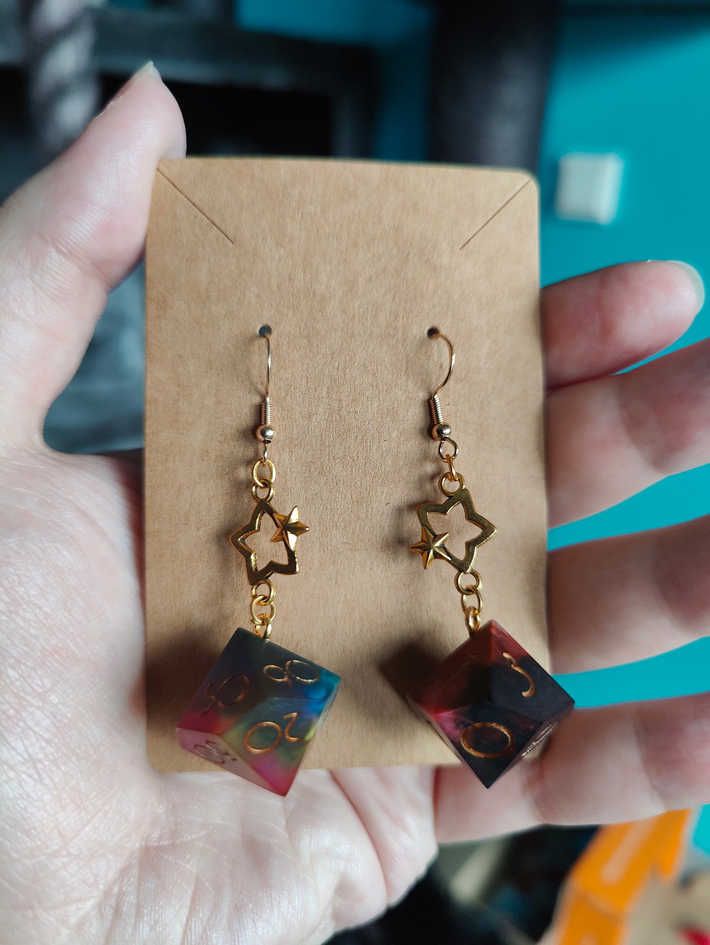Handmade dangly D10/D% earrings: Rainbow prism matte finish