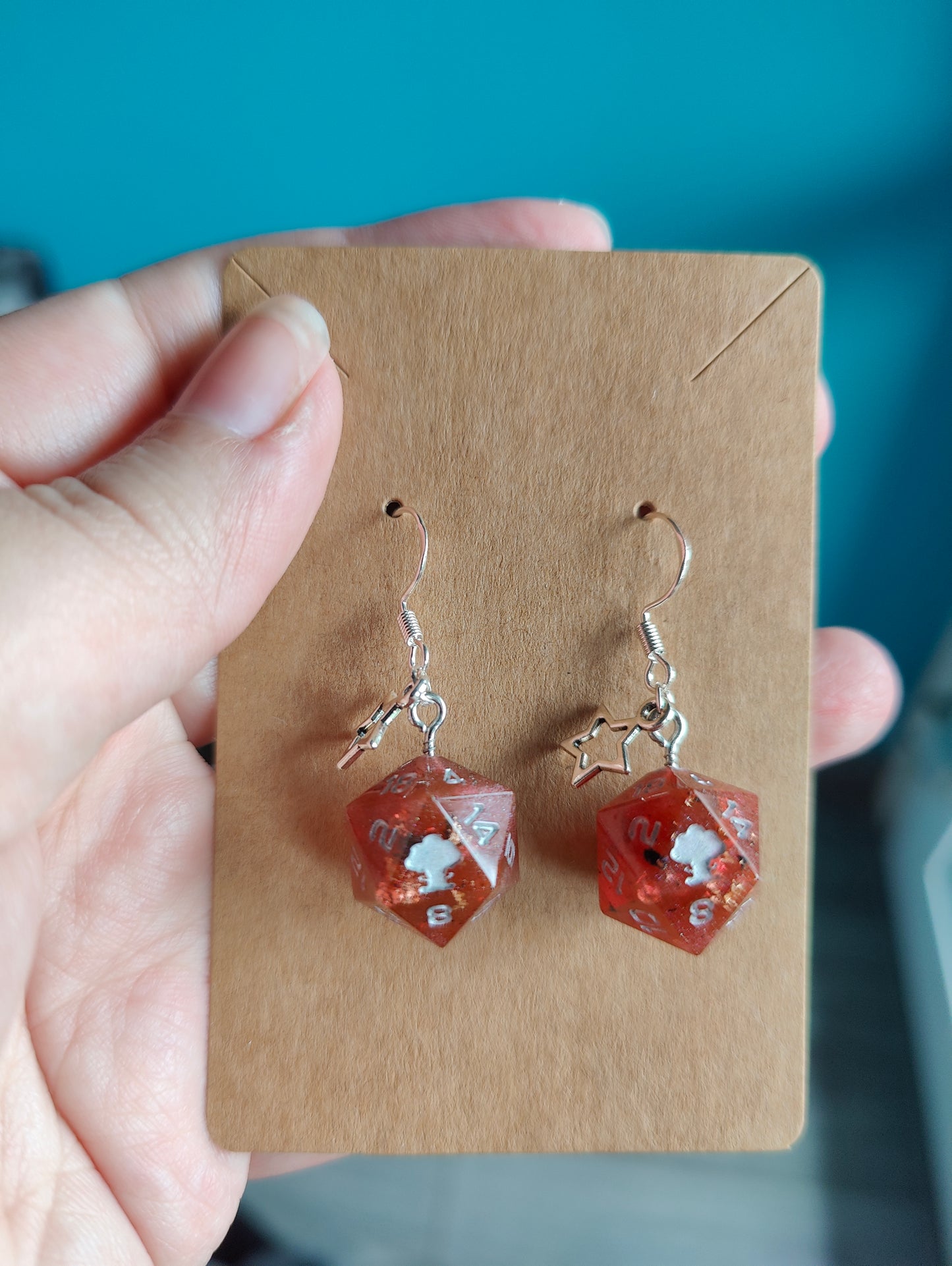 Handmade mini D20 earring: Embers and stars