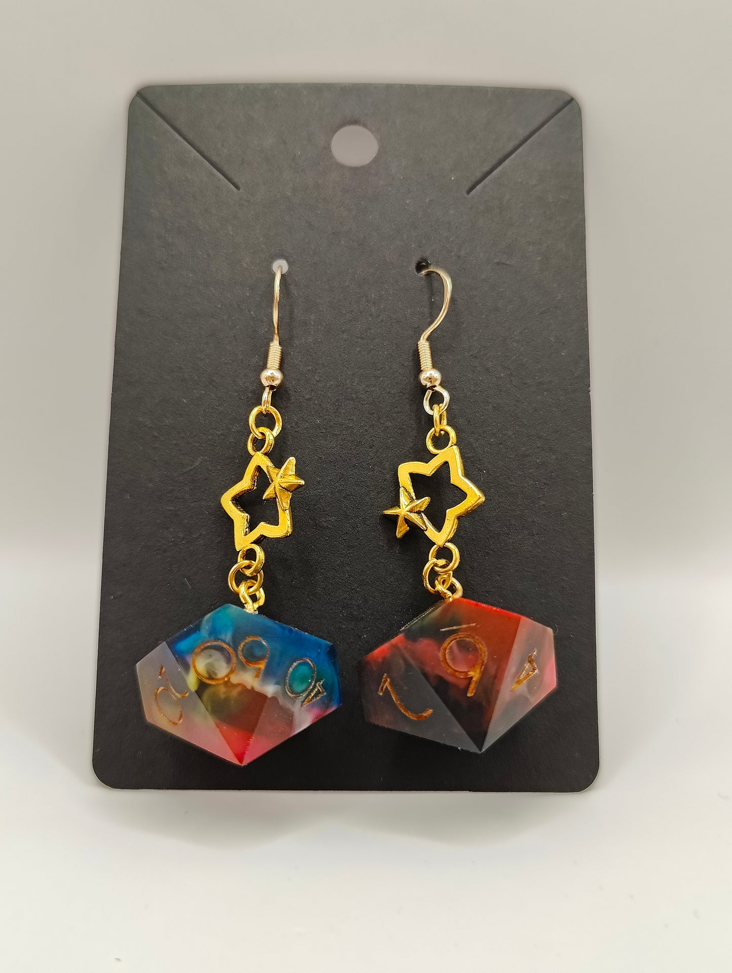 Handmade dangly D10/D% earrings: Rainbow prism matte finish