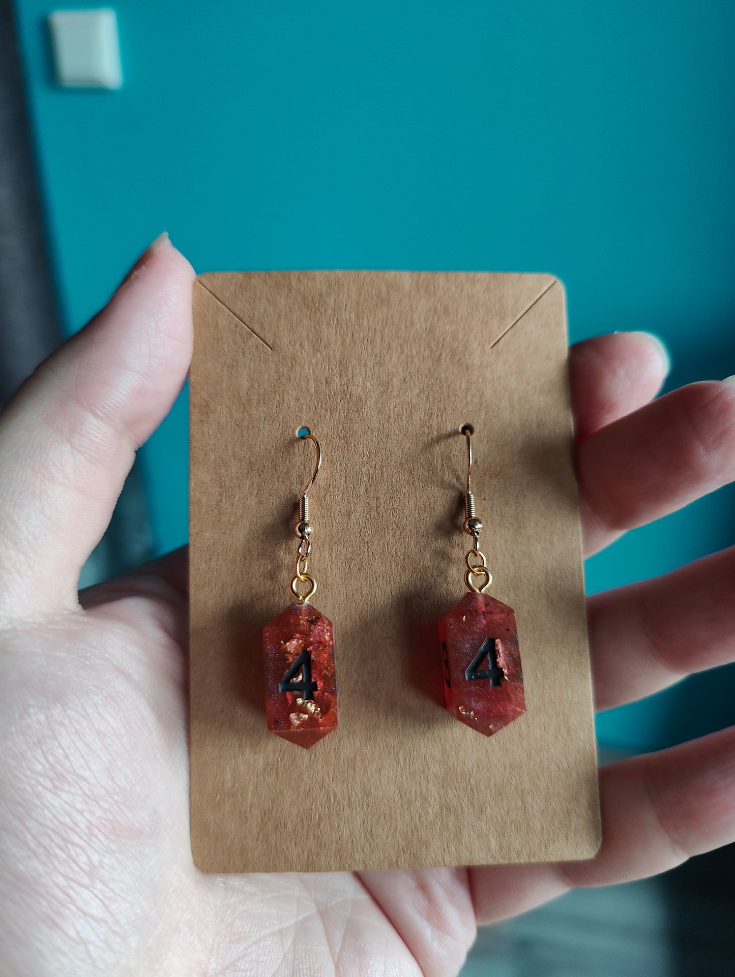 Handmade fancy mini D6 earring: Smoldering ruins
