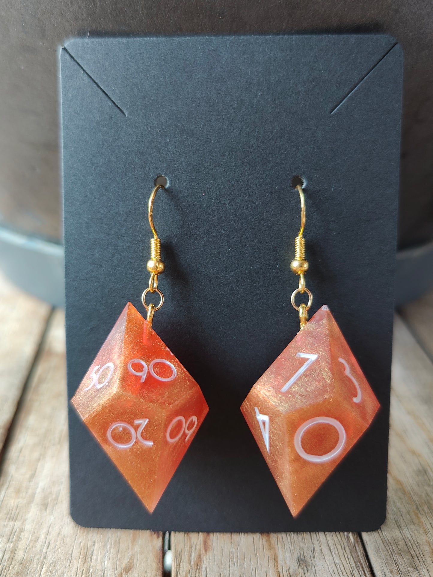 Handmade elongated D10/D% earrings: Hidden flame