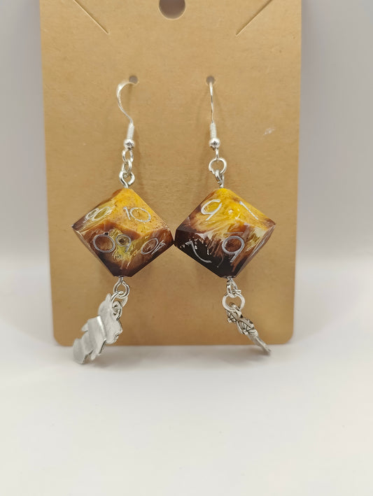 Handmade dangly D10/D% earrings: Woodpecker