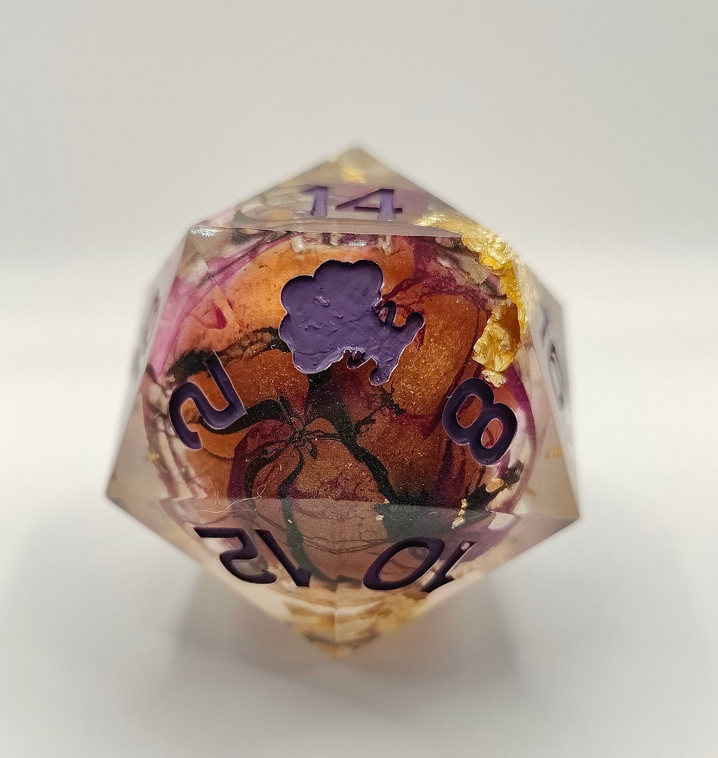Handmade 40mm liquid core D20: Pumpkin Orchid