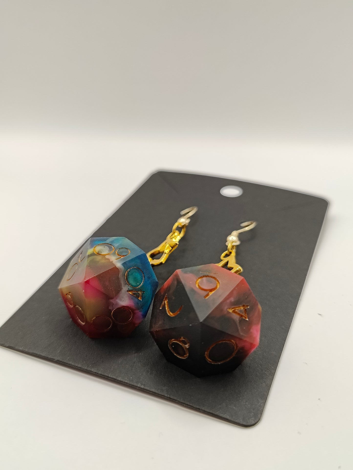 Handmade dangly D10/D% earrings: Rainbow prism matte finish