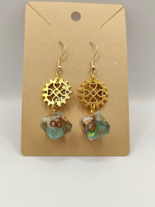 Handmade dangly mini D10/D% earrings: Steampunk fantasy