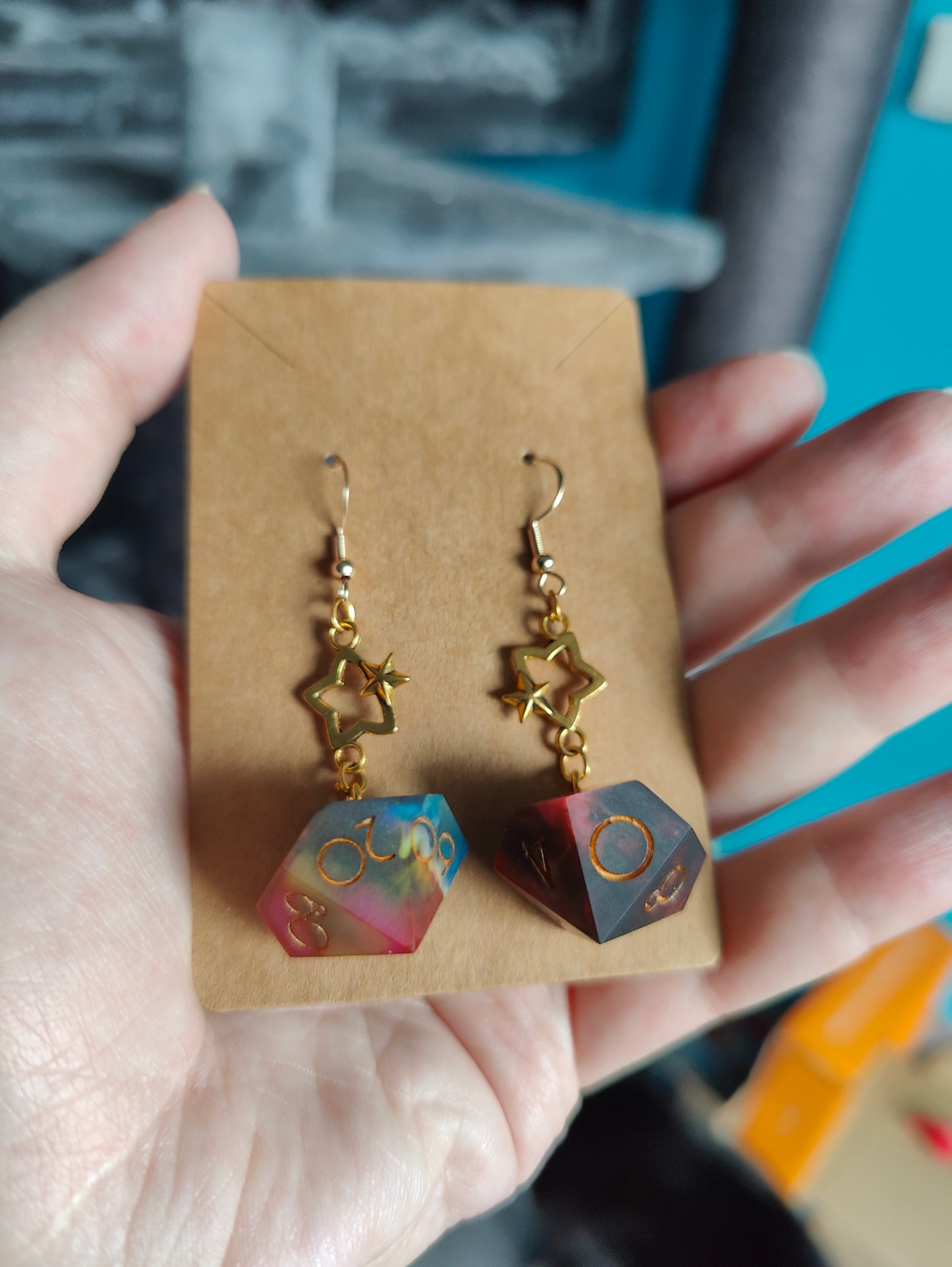 Handmade dangly D10/D% earrings: Rainbow prism matte finish