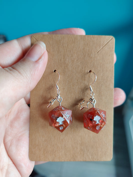 Handmade mini D20 earring: Embers and stars
